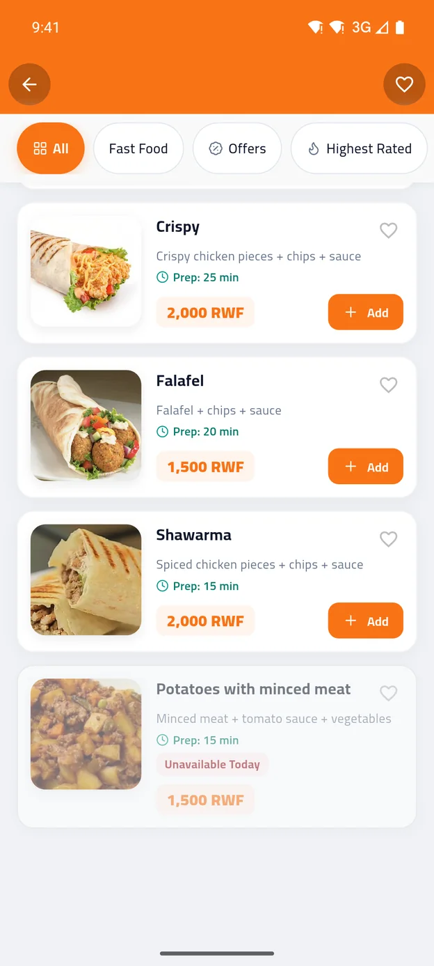 a restaurant menu with prices and prep times